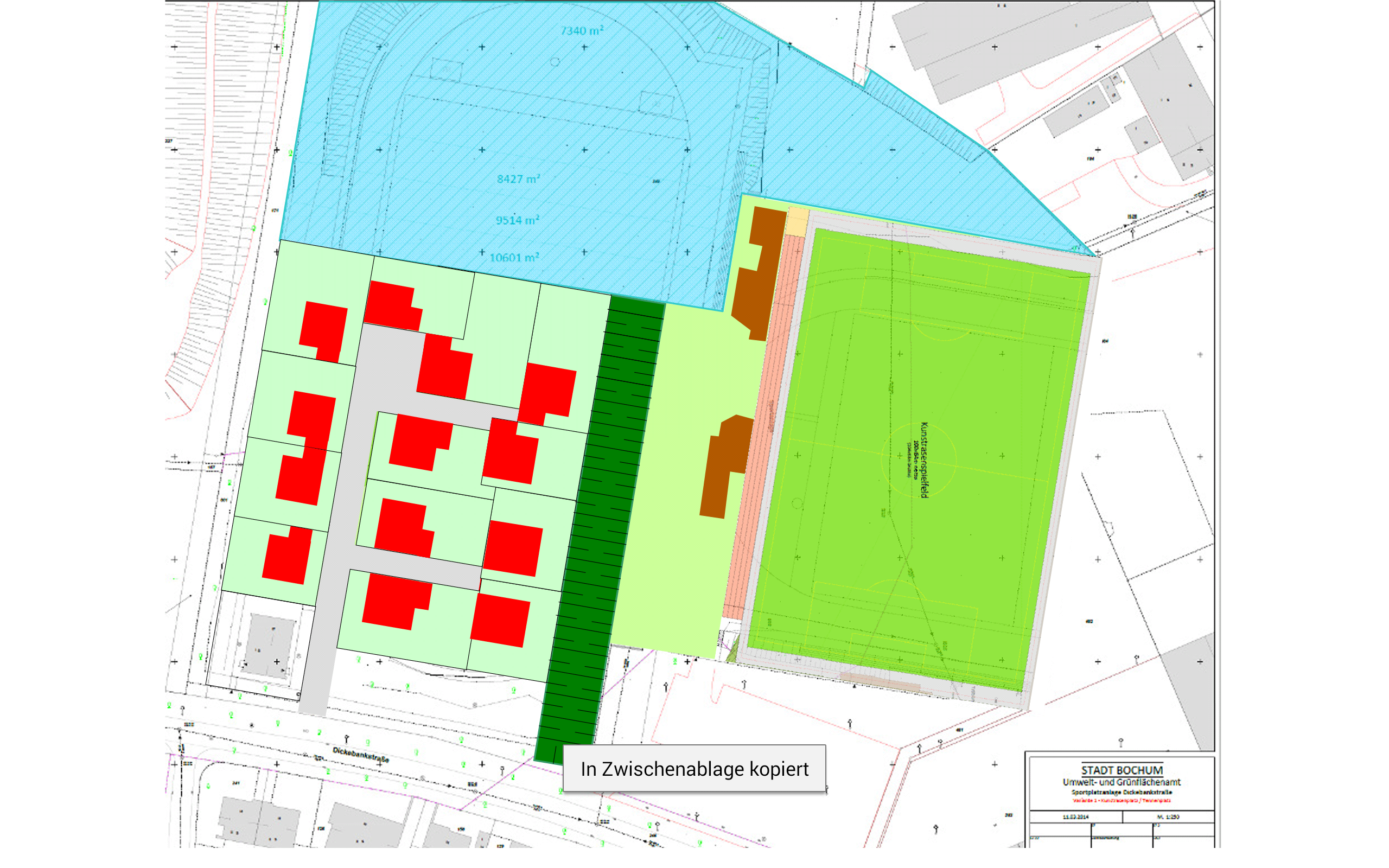 blau - Bereket, leuchtend grün - Kunstrasenplatz, rot - Neubauten, Plan der Stadtgestalter