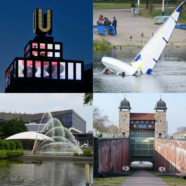 Oben: Das Dortmunder U fotografiert von Armin von Preetzmann und ein misslungener Segelversuch im Kemnader See in Bochum/Witten festgehalten von Gerhard Szymny. Unten: Sabine Hegemann war im Grugapark Essen und Sarina Haarmeyer besuchte das Schiffshebewerk Henrichenburg. Fotos: Lokalkompass