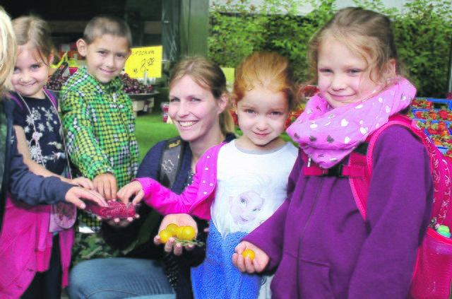 Himbeeren und gelbe Tomaten kosteten Hanna (v.l.), Dominik, Lisa König, Finya und Ida am Donnerstag (16. Juli) bei ihrem Ausflug auf den Wochenmarkt in der Castroper Altstadt.