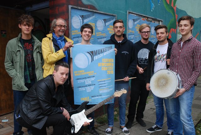 Freuen sich auf den diesjährigen Band Contest: (v.li.) Merlin Brötz, Uwe Roth, Patrick Cindackers, Henning Begemann, Simon Skorzec, Julian Ristow, Patrick Steffan und Maxime von Schoultz (vorne).