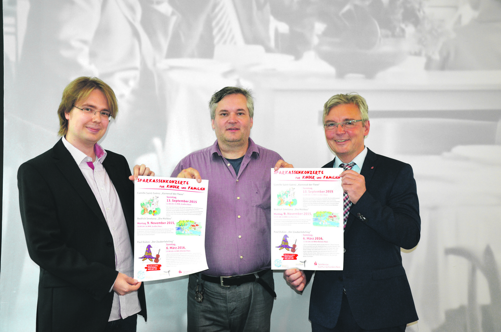 Valtteri Rauhalammi, finnischer Dirigent, Roland Vesper, Kinder- und Jugenddramaturg der Neuen Philharmonie Westfalen und Udo Kramer von der Sparkasse Gelsenkirchen.
