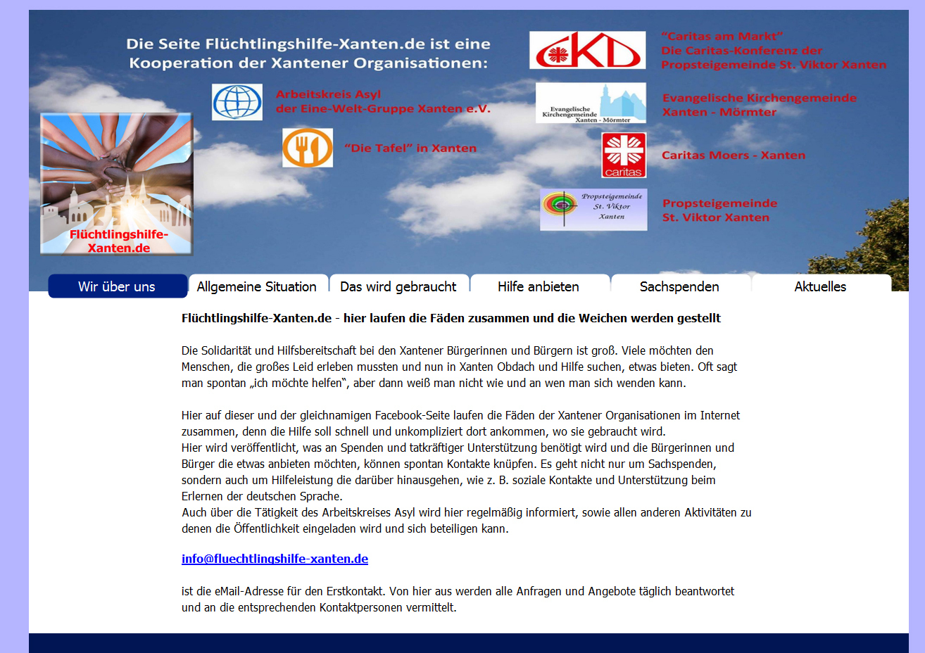 Screenshot der Seite www.Flüchtlingshilfe-Xanten.de