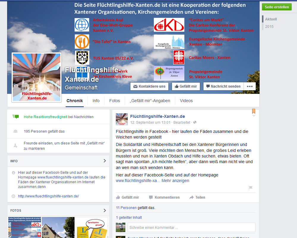 Screenshot der Facebook-Seite zur Xantener Flüchtlingshilfe