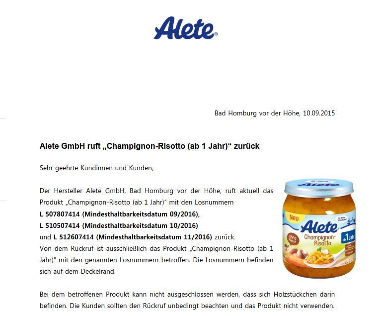 Alete GmbH ruft „Champignon-Risotto (ab 1 Jahr)“ zurück. Holzstückchen im Risotto für Kleinkinder möglich. Quelle; www.alete.de