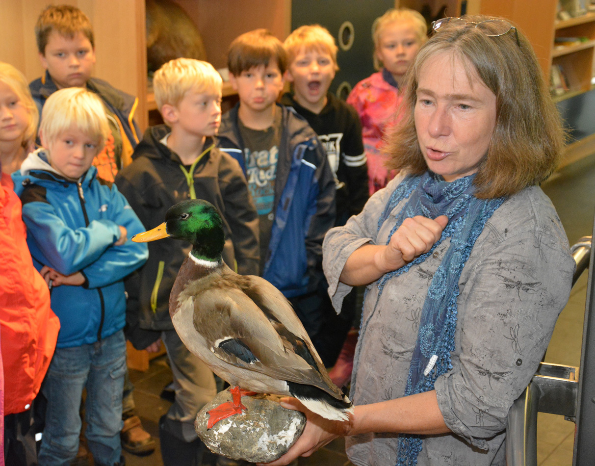 Im Mülheimer Haus Ruhrnatur wurden die Drittklässler der Konradschule von Leiterin Christa Schragmann begrüßt und sogleich mit wertvollen Informationen zur Ruhr und ihren Bewohnern versorgt.