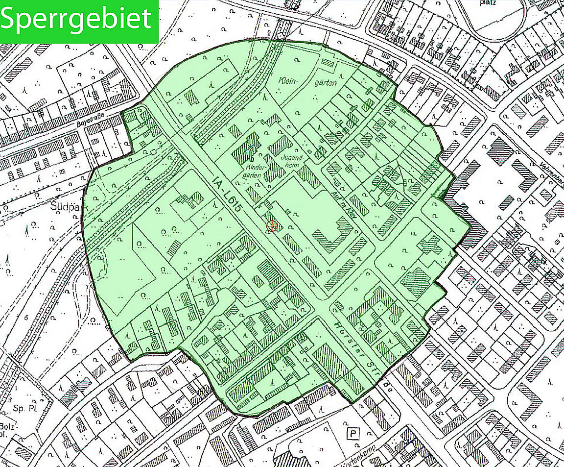Einen Radius von 250 Metern rund um die Bomben-Fundstelle hatte das Sperrgebiet, das am Donnerstagnachmittag das öffentliche Leben in Brauck und Rosenhügel im Gladbecker Süden doch arg beeinträchtigte.