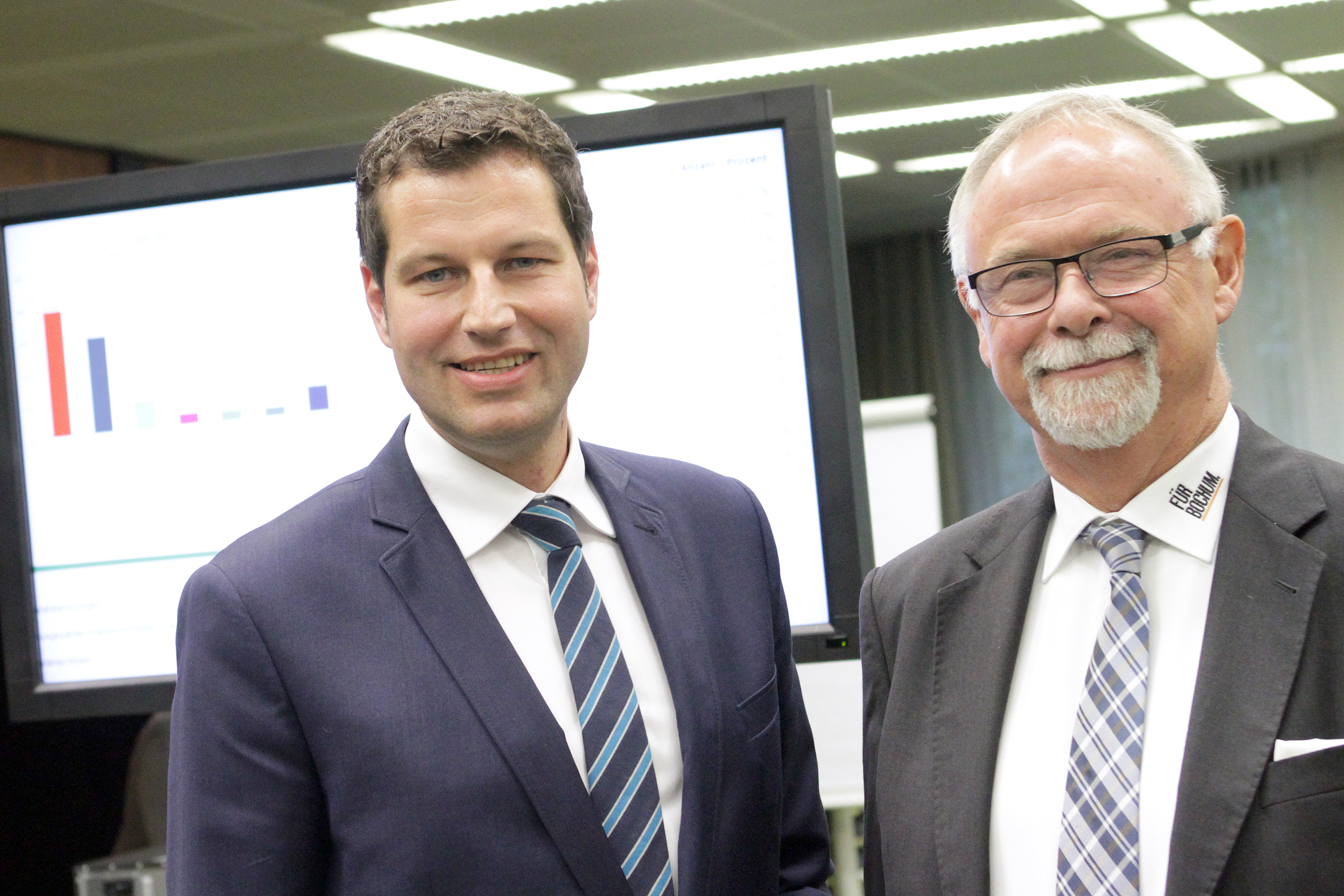 Thomas Eiskirch (l.) wurde mit 53 Prozent der gültigen Stimmen zum neuen Bochumer Oberbürgermeister gewählt. Sein Kontrahent Klaus Franz hielt sich mit knapp 47 Prozent achtbar.