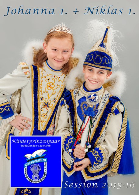 Das Kinderprinzenpaar der MKG 
Niklas 1. Klinger - Der schwarzgelbe Wirbelwind
Johanna 1. Esselun - Die Himmelsstürmerin vom Obsthof | Foto: Kornblumenblau Mendener Karnevalsgesellschaft E.V.