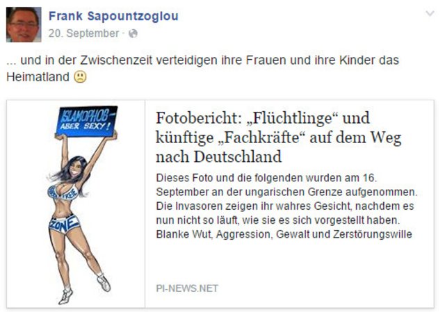 Menschen auf dem Weg aus Kriegsgebieten wie Syrien seien "allesamt keine bedauernswerten 'Flüchtlinge', die vor irgendeiner Bedrohung fliehen" sondern "Raubnomaden" war in einem Text zu lesen, den Sapountzoglou verlinkte. | Foto: Facebook-Screenshot