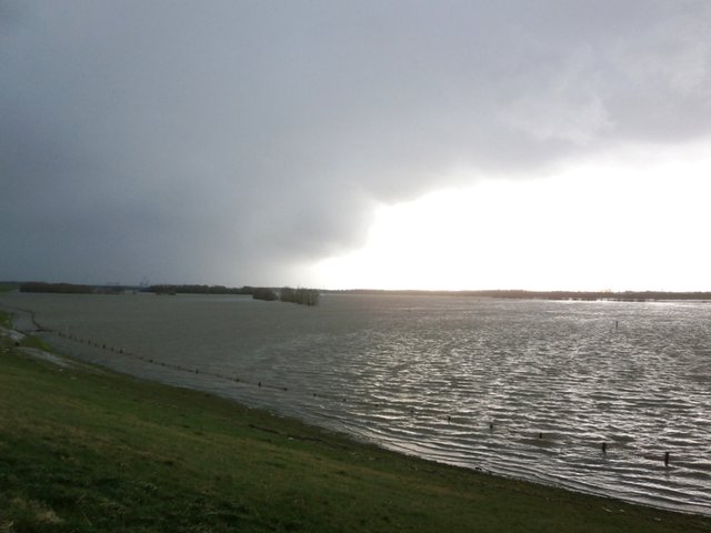 Rhein mit Hochwasser und dunklen Wolken