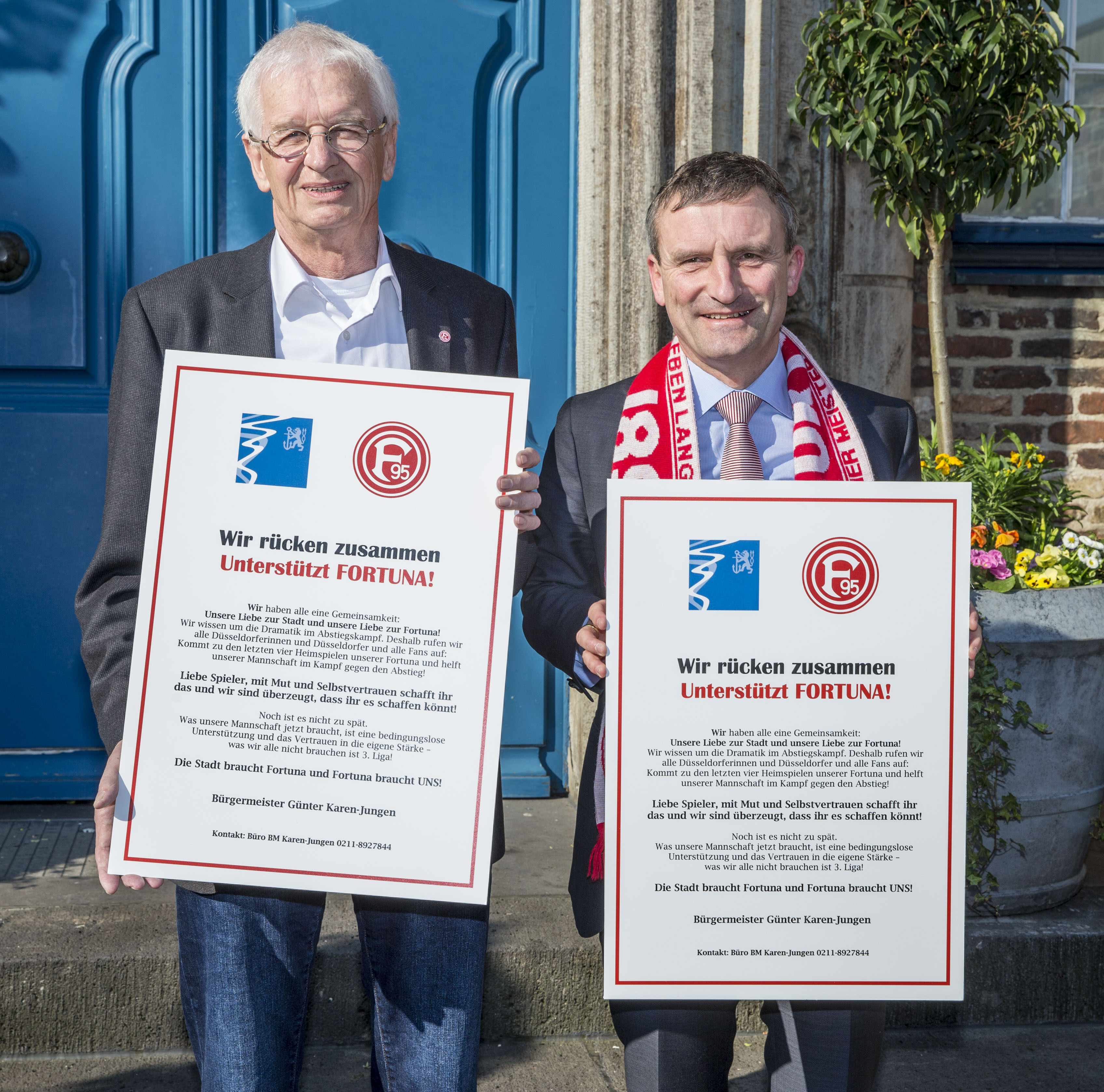 Bürgermeister Günter Karen-Jungen (l.) und Oberbürgermeister Thomas Geisel fordern alle Fortuna-Fans am Samstag zur Unterstützung auf.