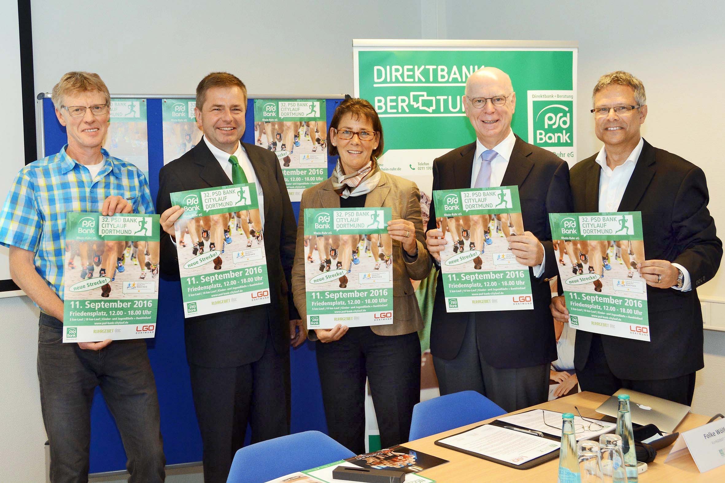 Stellten das neue Konzept vor: (v.l.:) Jochen Baumhof, sportlicher Leiter, August -Wilhelm Albert, PSD-Bank, Bürgermeisterin Birgit Jörder, Jörg Lennardt, 1. Vorsitzender LG Olympia, und Folke Wölfer von der Agentur Ruhrgebiet DMC.