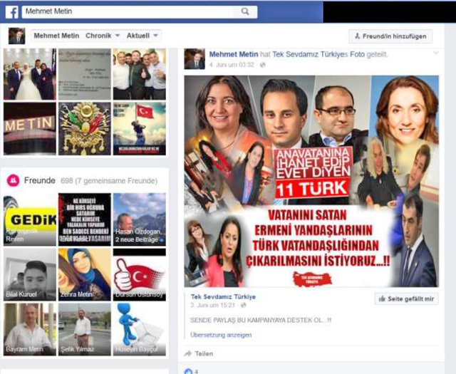 Unter dem Bild, das der Gladbecker Ratsherr Mehmet Metin am 4. Juni auf seiner Facebookseite geteilt hat, steht in türkischer Sprache "Die 11 Türken, die ihre Heimat verraten und mit Ja gestimmt haben. Wir wollen die Ausbürgerung derjenigen aus der türkischen Staatsbürgerschaft, die an der Seite der Armenier stehen und ihr Land verkaufen." (Foto: Screenshot)