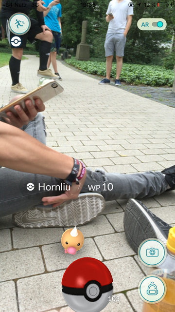 Ein Screenshot von der Spieloberfläche. Ein Hornliu sitzt direkt vor mir, im Hintergrund spielen die anderen Trainer.