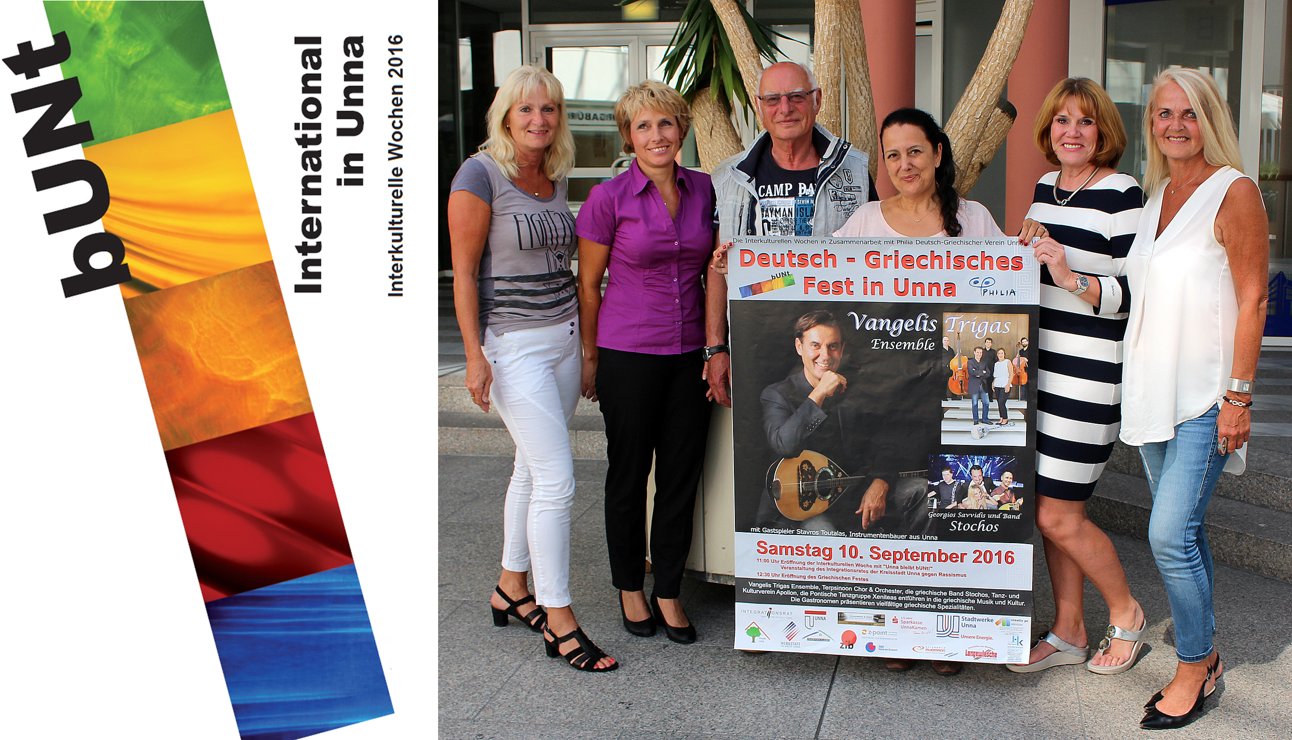 Angelika Becker (Bereich Kultur), Ksenija Sakelšek (Integrationsvorsitzende), Prof. Dr. Christian Jänig, Elpia Pavlidou, Gabriele Köhnemann und Ingrid Kroll (Philia - Deutsch-Griechischer Verein Unna e.V.)