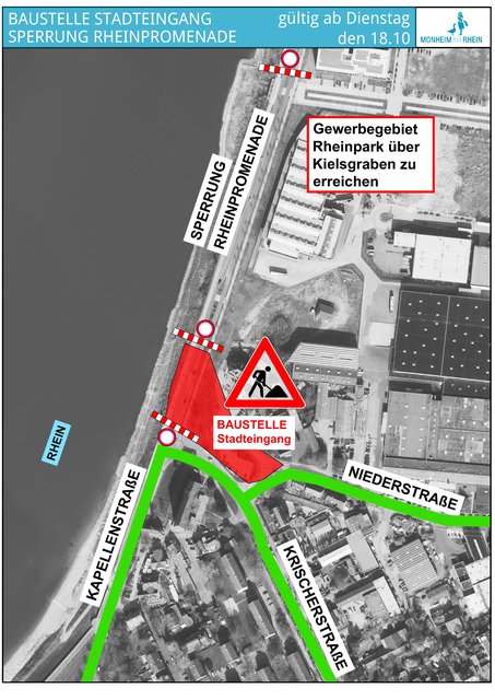 Die Rheinpromenade wurde für den Bau des neuen Kreisverkehrs gesperrt. Der Rheinpark ist aus Richtung Baumberg zu erreichen.
Grafik: Stadt Monheim am Rhein