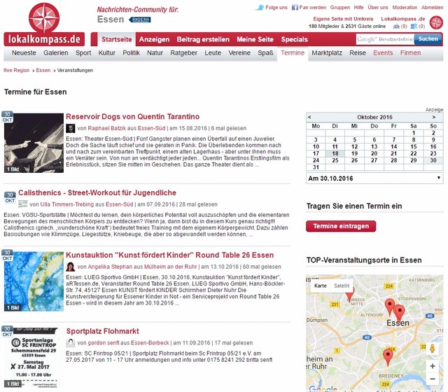 Ein Blick in den Essener Veranstaltungskalender am 30. Oktober: Übersichtlich erkennen die Leser auf einen Blick, welche Veranstaltungen an diesem Tag stattfinden. Screenshot: Lokalkompass