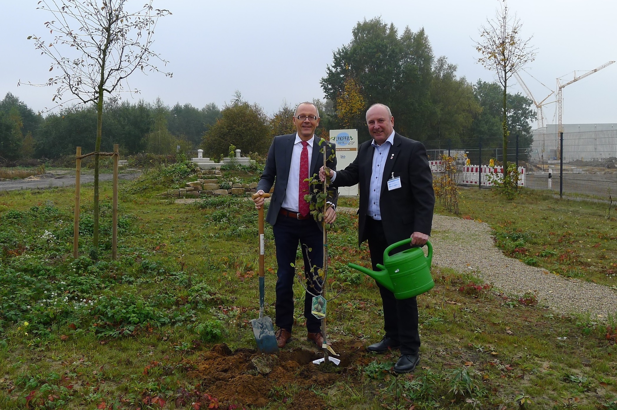 Michael Brodmann (links) und Michael Gerdes mit dem frisch eingepflanzten Birnbaum