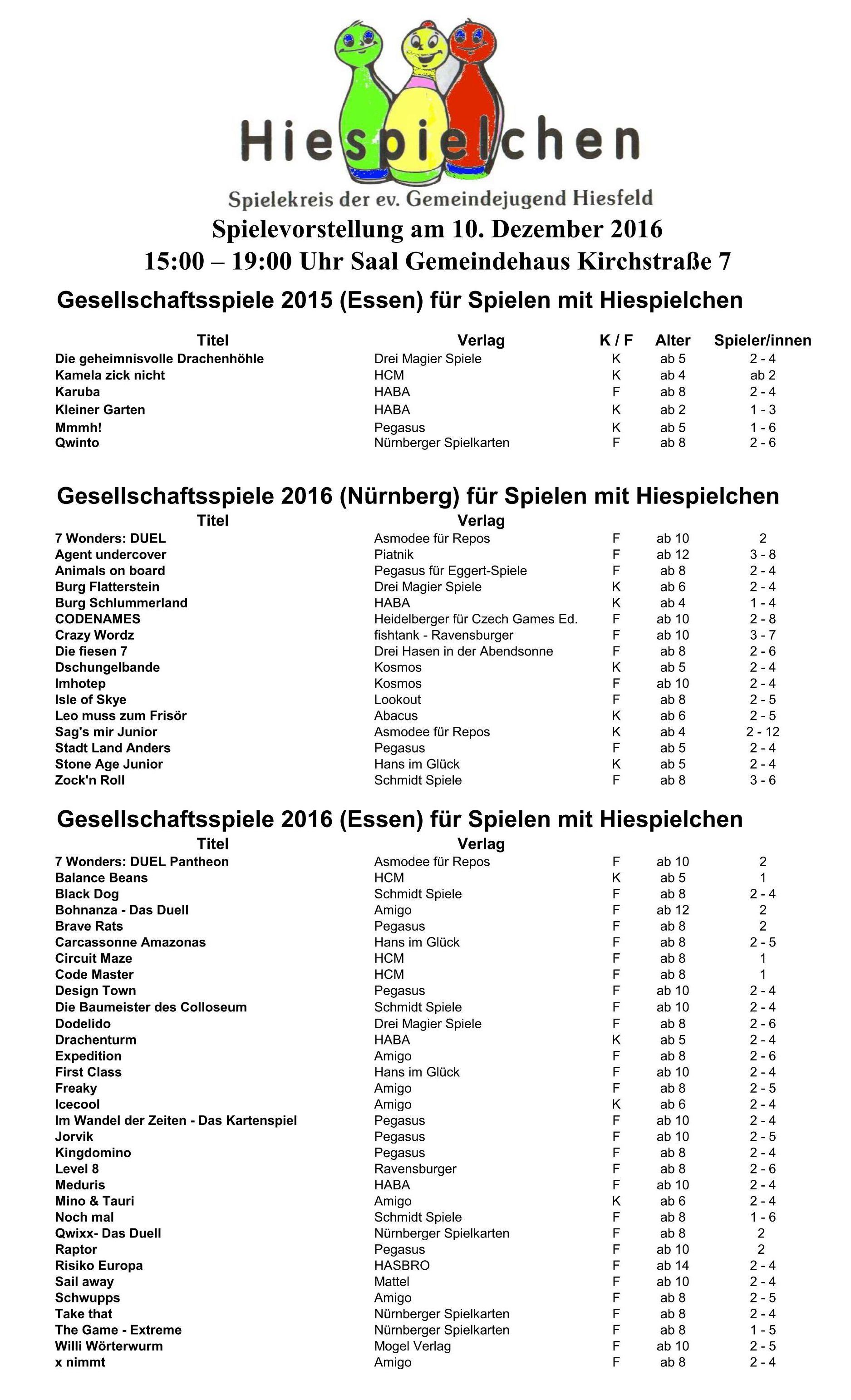 Viele Spiele bei den Spielevorstellungen des Spielekreises HIESPIELCHEN.