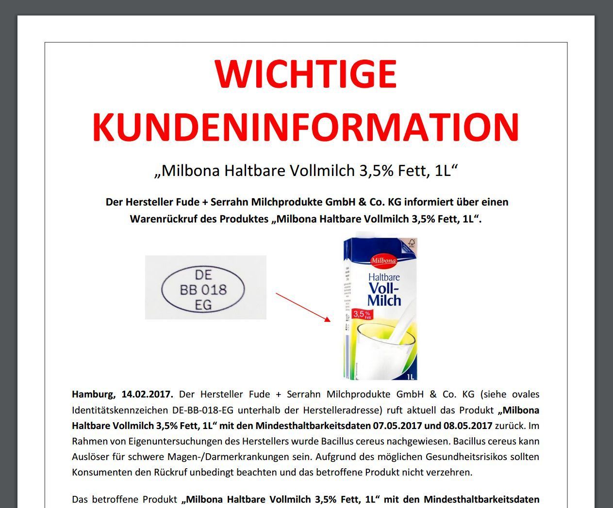 Warenrückruf - „Milbona Haltbare Vollmilch 3,5% Fett, 1L“ Quelle; Fude + Serrahn Milchprodukte GmbH & Co. KG i