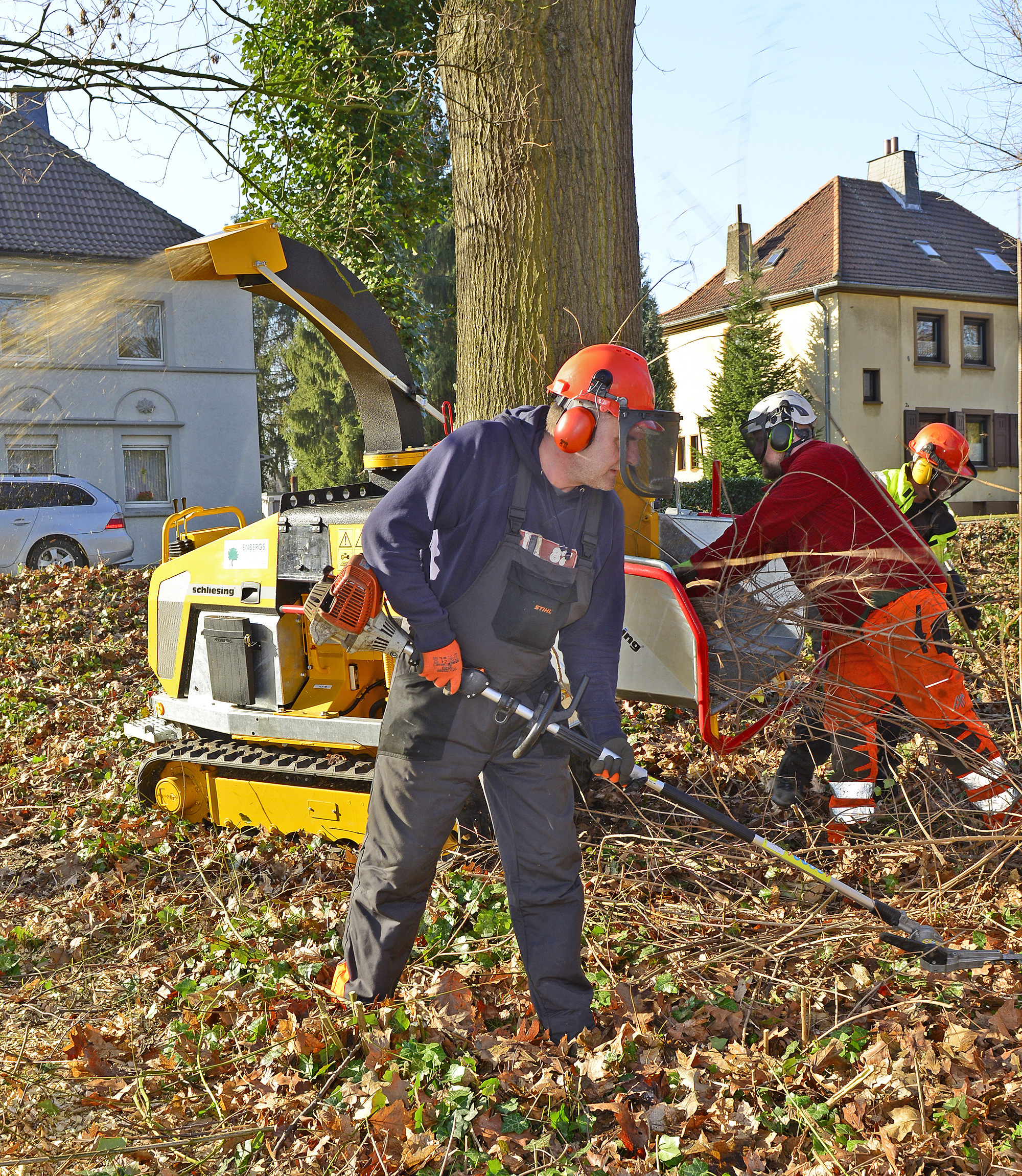 Mit "schwerem Gerät" rückten die Mitarbeiter einer Privatfirma dem Unterholz entlang der Haydnstraße in Zweckel zu Leibe.
