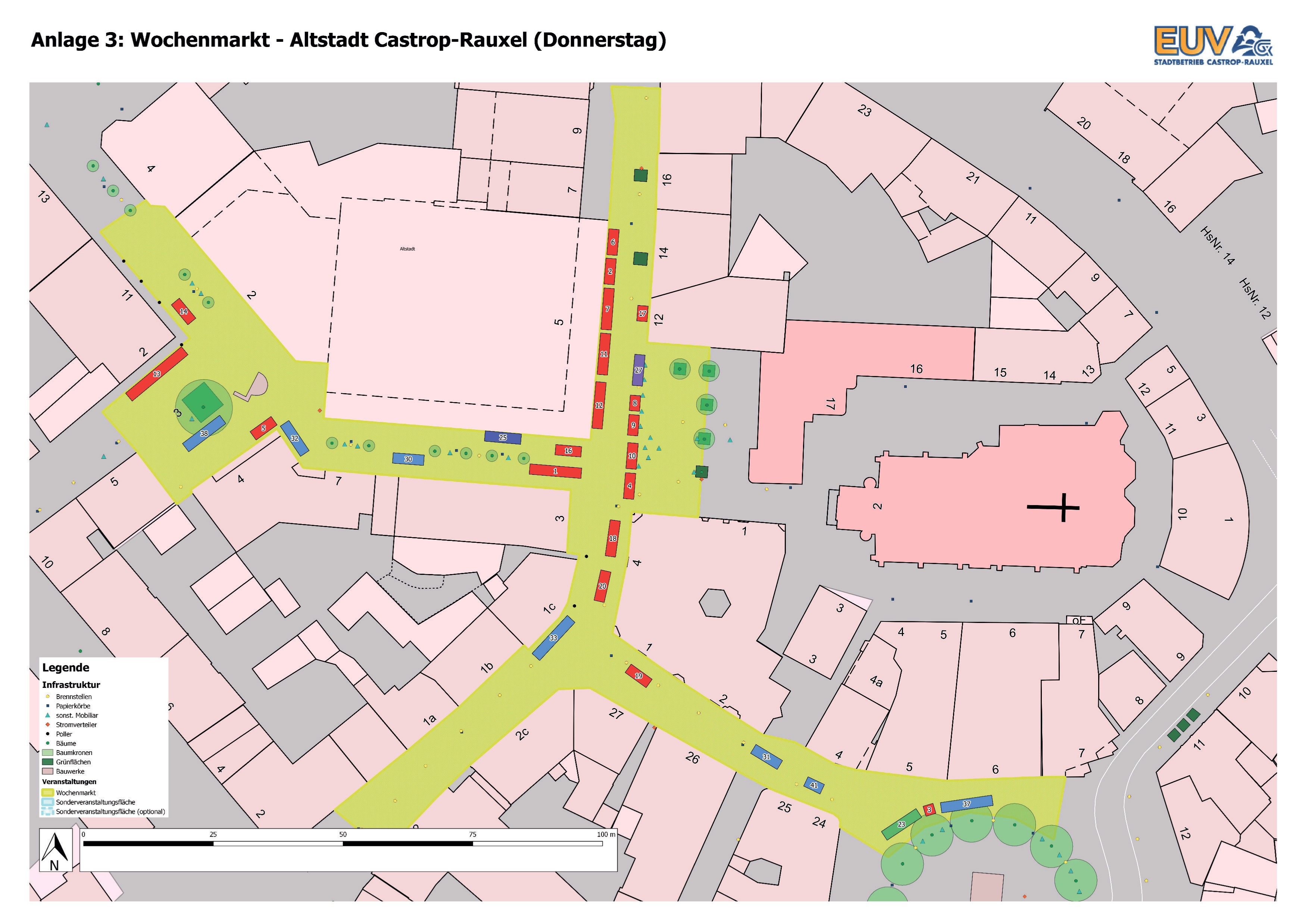 Diese Grafik zeigt, wie sich der Wochenmarkt nach dem Entwurf der Verwaltung an einem Donnerstag in der Fußgängerzone der Altstadt verteilen würde.