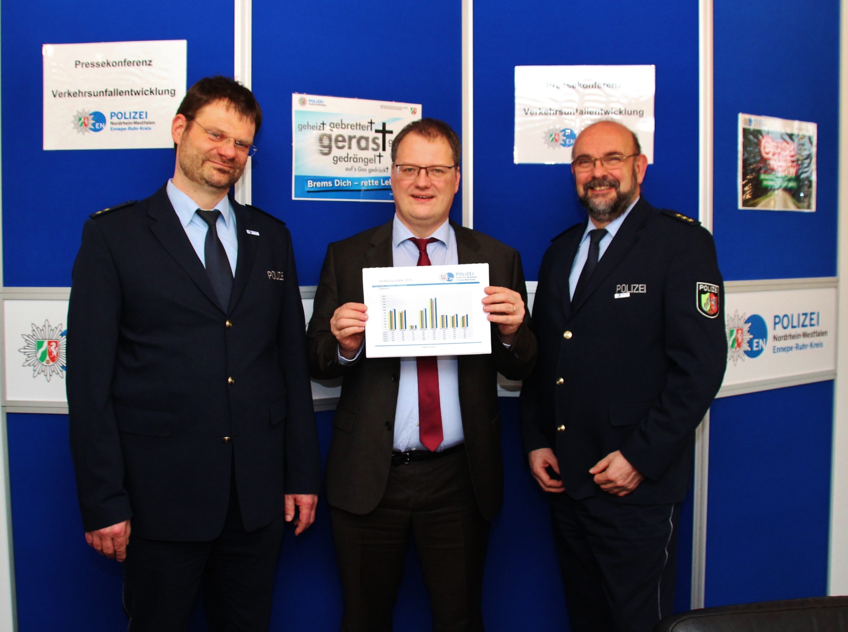 Die Repräsentanten der Polizei präsentierten die Verkehrsunfallentwicklung 2016 im EN-Kreis. Polizeioberrat Dirk Happe (v.li.), Landrat Olaf Schade und Polizeidirektor Klaus Menningen