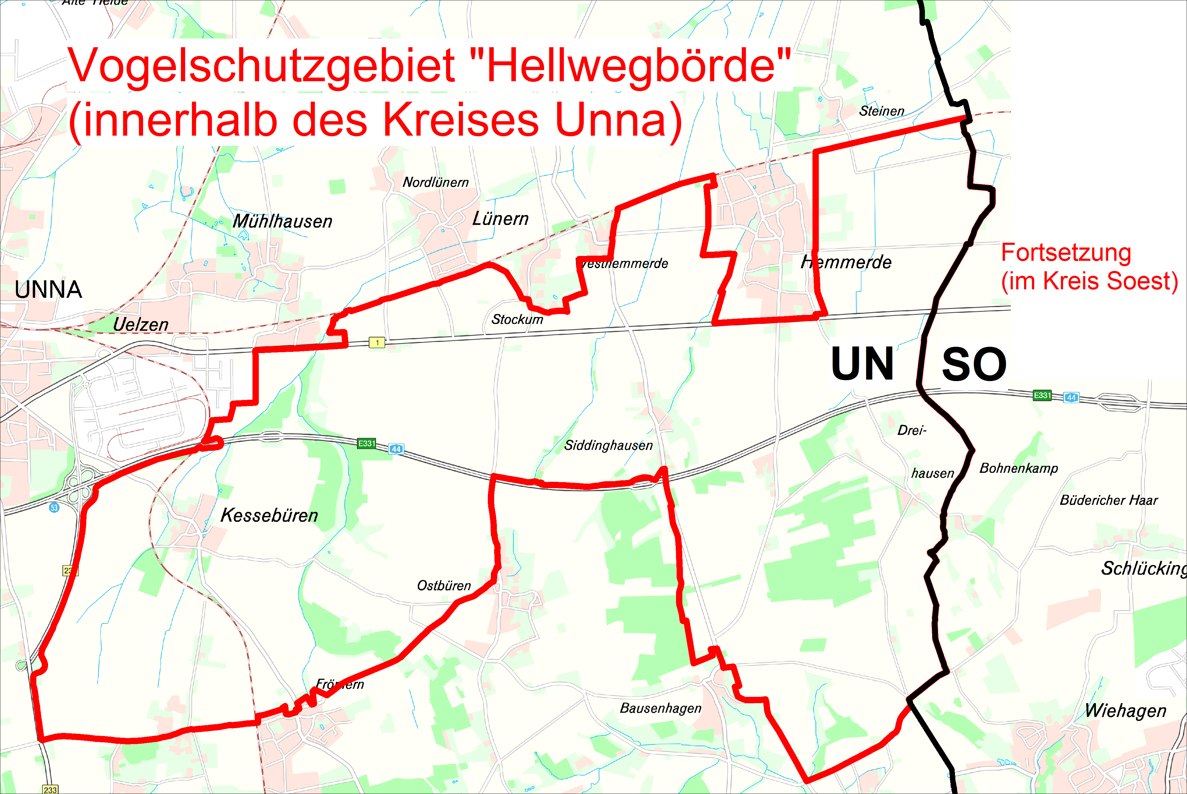 Die Grenzen des Vogelschutzgebiets „Hellwegbörde“ im Kreis Unna.Foto: