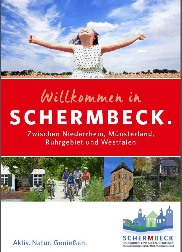 Vor kurzem druckfrisch erschienen: Die neue Prospektfamilie, insbesondere die Imagebroschüre der Gemeinde Schermbeck. (Screenshot der Titelseite: Lensing)