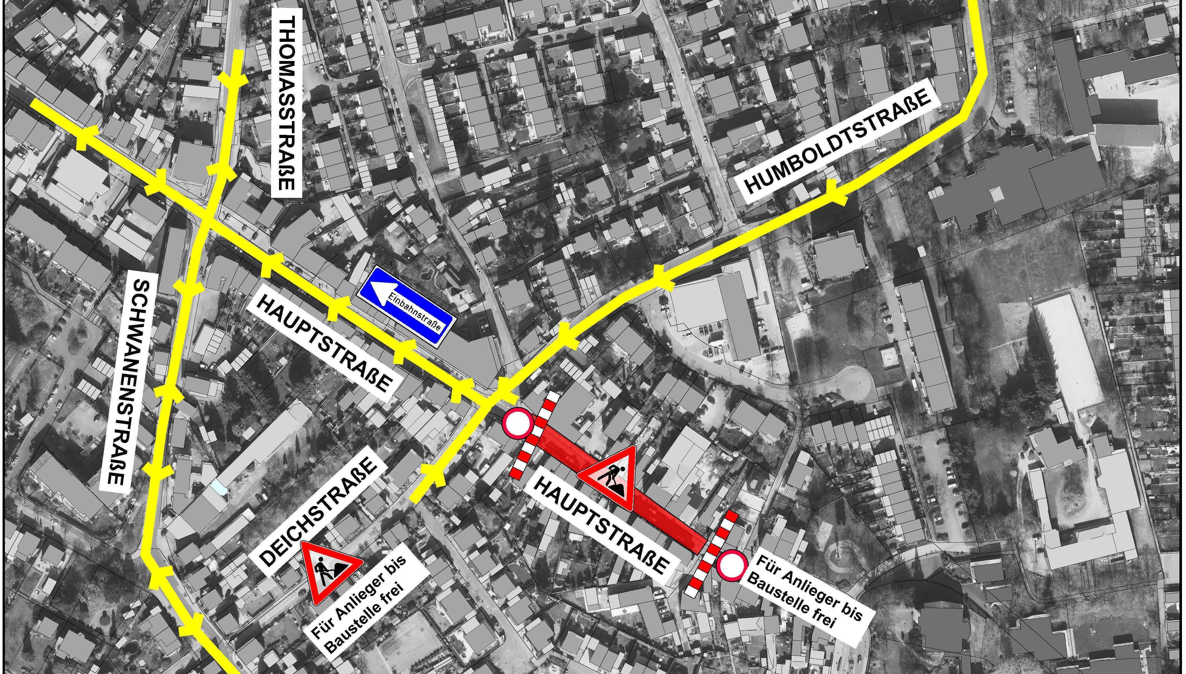 Die Einbahnstraßenregelung in Richtung Urdenbach gilt ab der Ecke Deichstraße / Humboldtstraße.