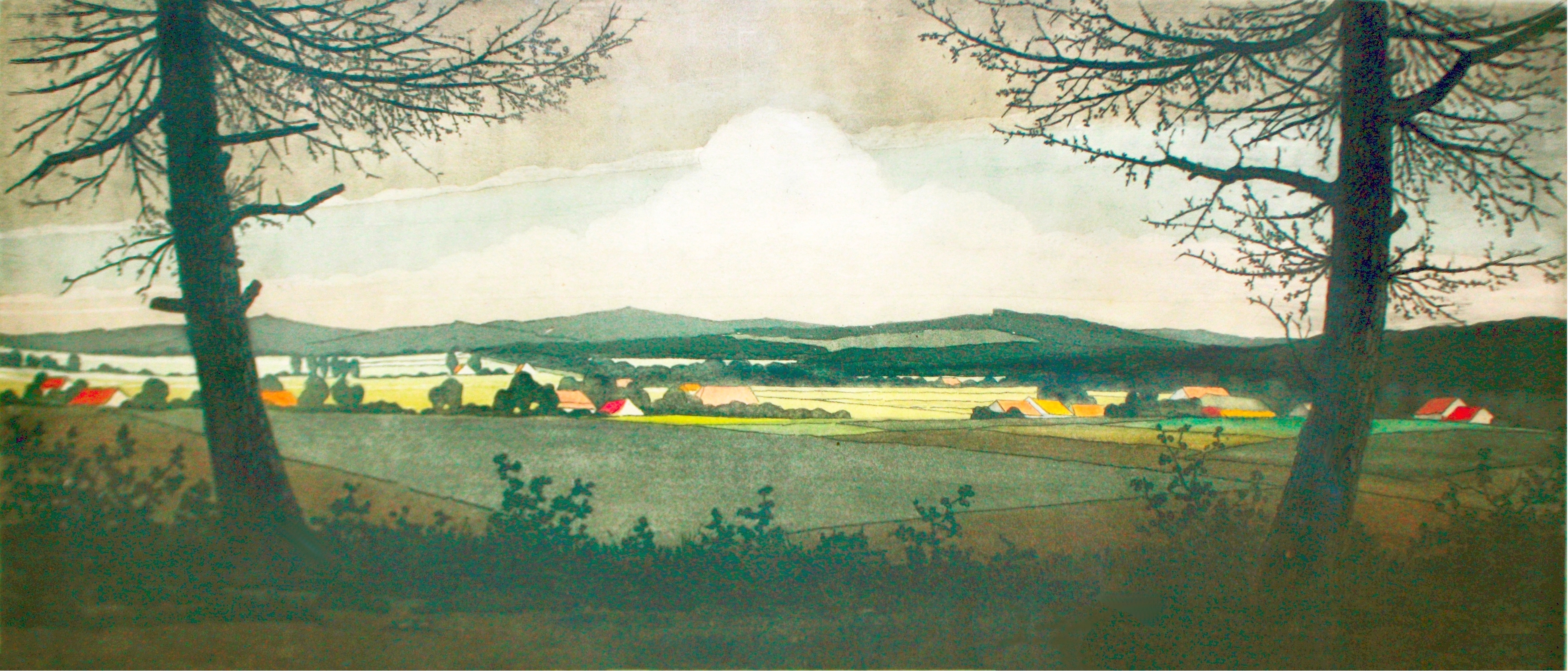 Farbdruck von Leo Niehorster, Landschaft bei Plasmolen, gesehen vom Wald aus.