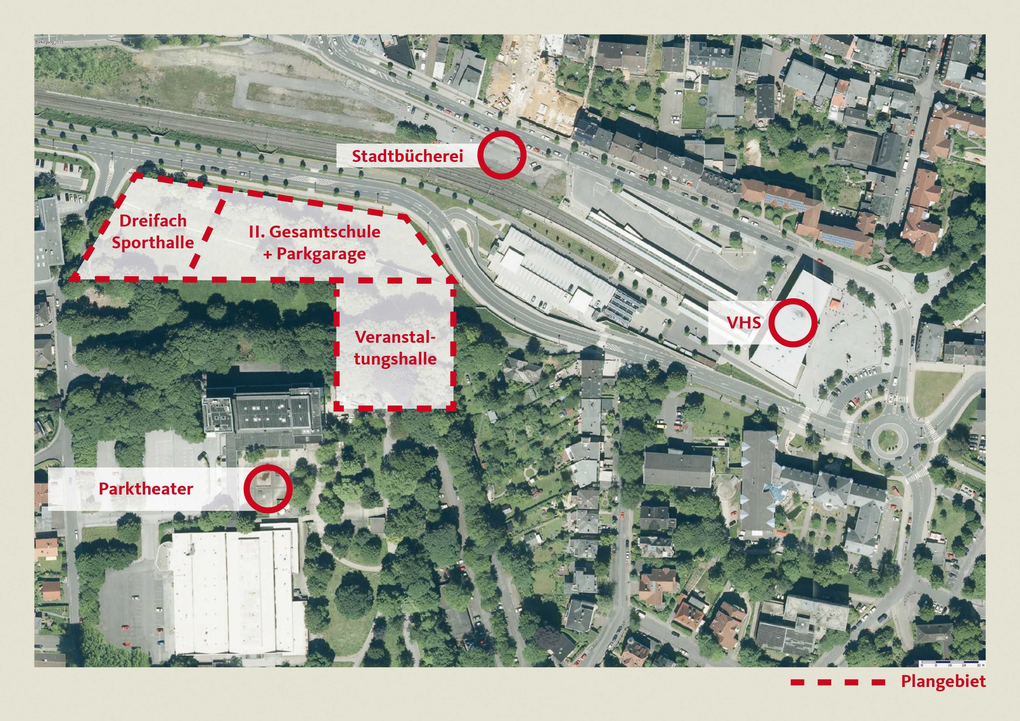 An der Alexanderstraße soll nach Plänen der CDU die zweite Gesamtschule mit Dreifach-Sporthalle und Tiefgarage entstehen. Ebenfalls in unmittelbarer Nähe des Parktheaters könnte die Veranstaltungshalle errichtet werden. Ein möglicher Standort für die Stadtbücherei wäre auf dem Grundstück an der Rahmenstraße denkbar.