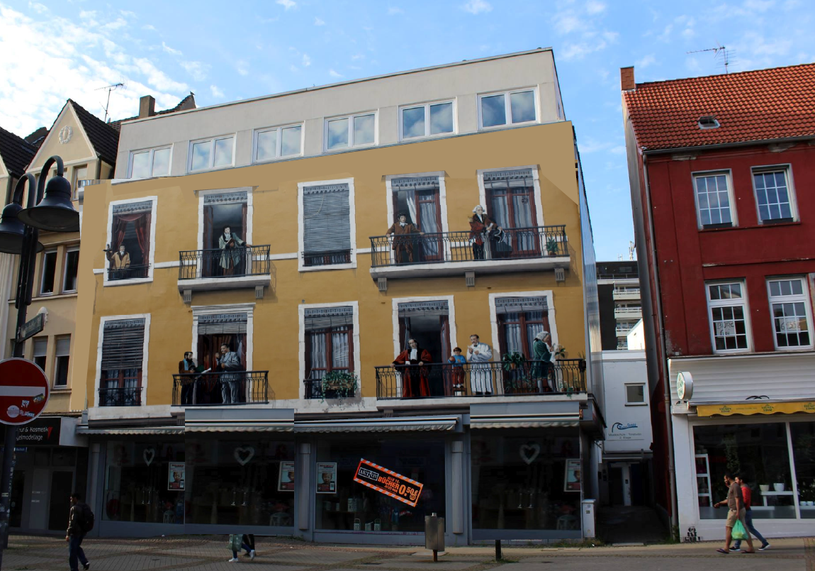 An den Fenstern und Balkonen der aufgemalten Fassade könnten zum Beispiel die heilige Gertrud, Klaus Steilmann, James Bond und Alfred Tetzlaff stehen, einen weiteren Balkon könnten die Kassierer als Bühne nutzen.