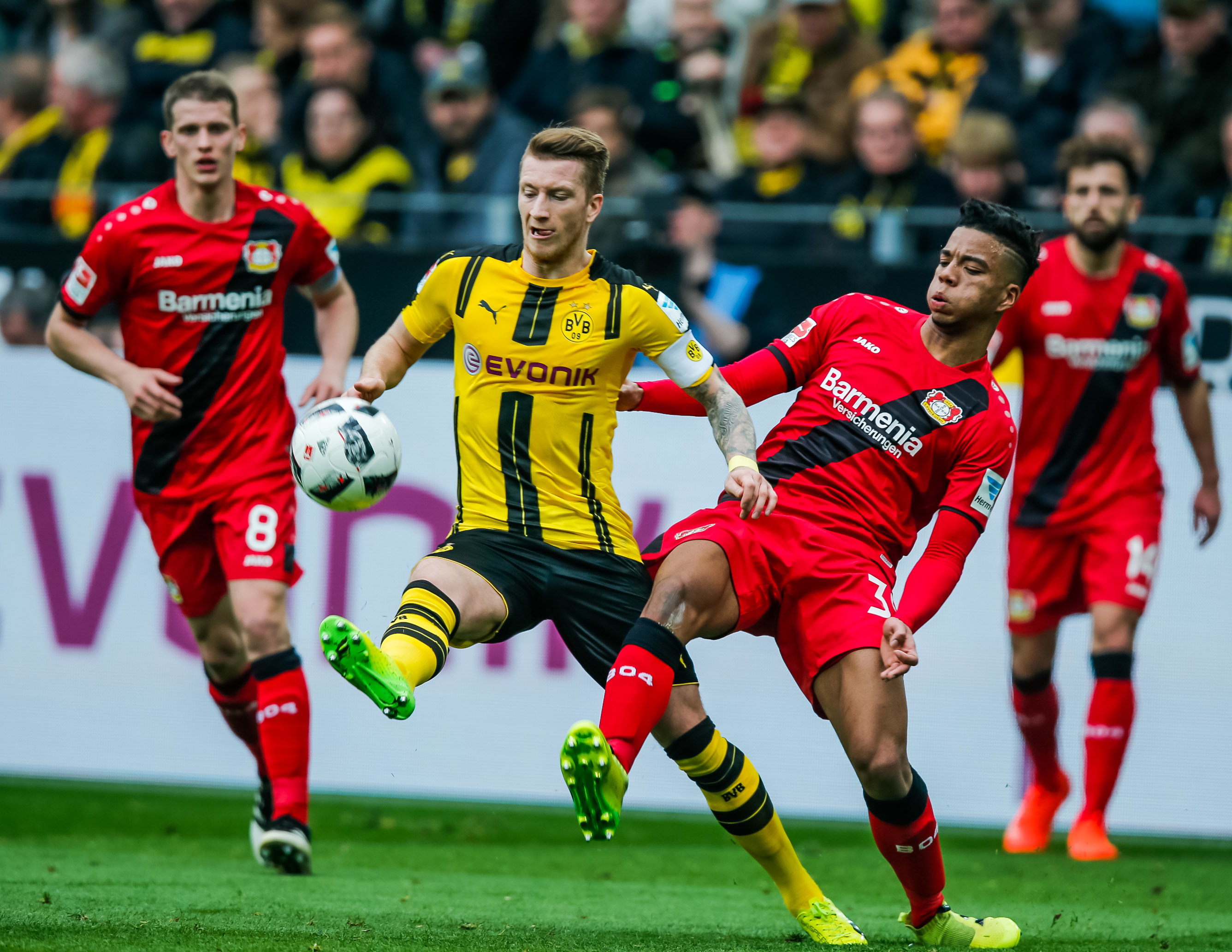 Eine schlechte Nachricht gab es für den BVB trotz eines 6:2-Sieges gegen Leverkusen. Marco Reus (m.) verletzte sich und droht drei Wochen auszufallen.