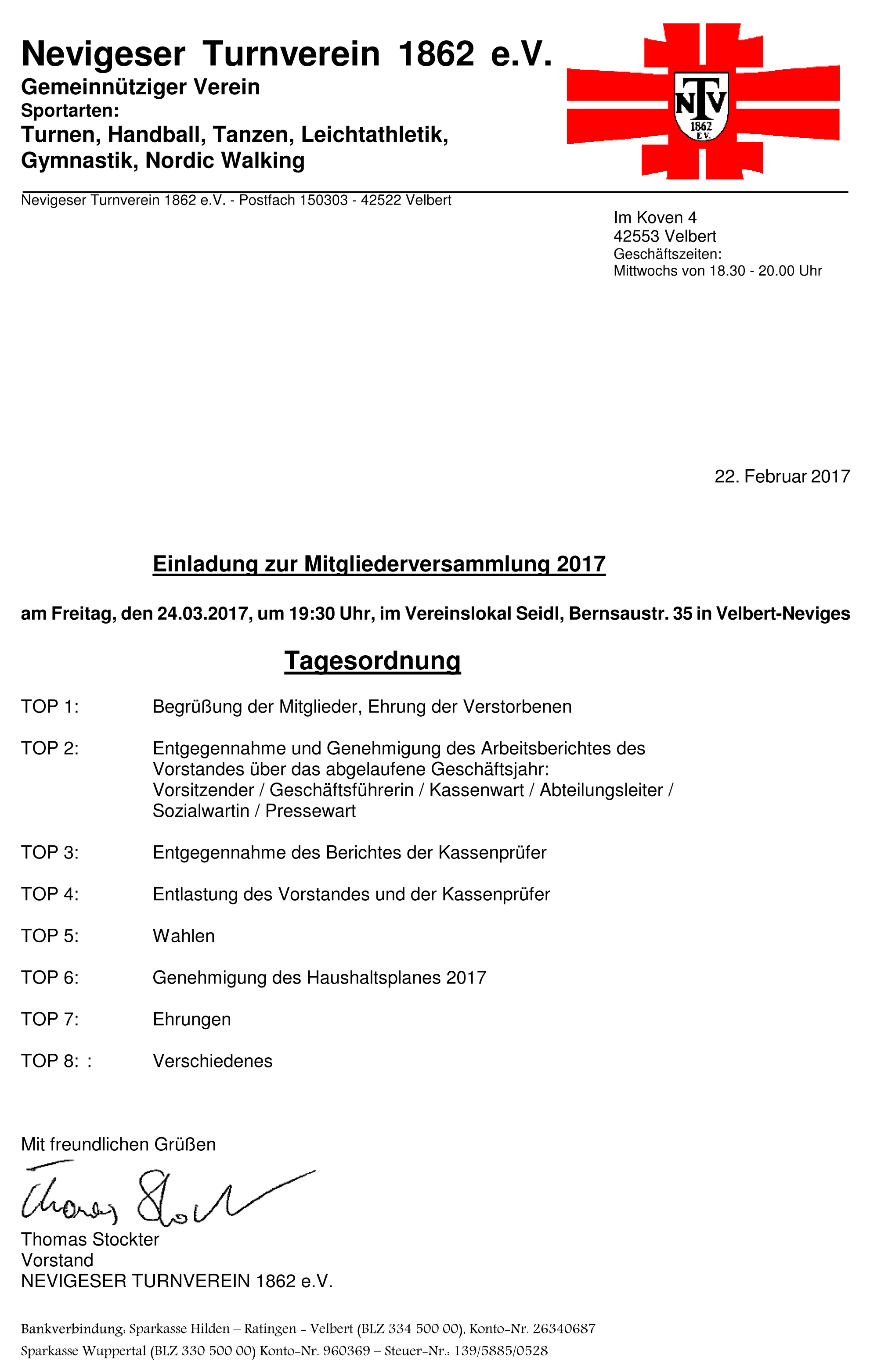Einladungsschreiben des NTV mit Tagesordnung