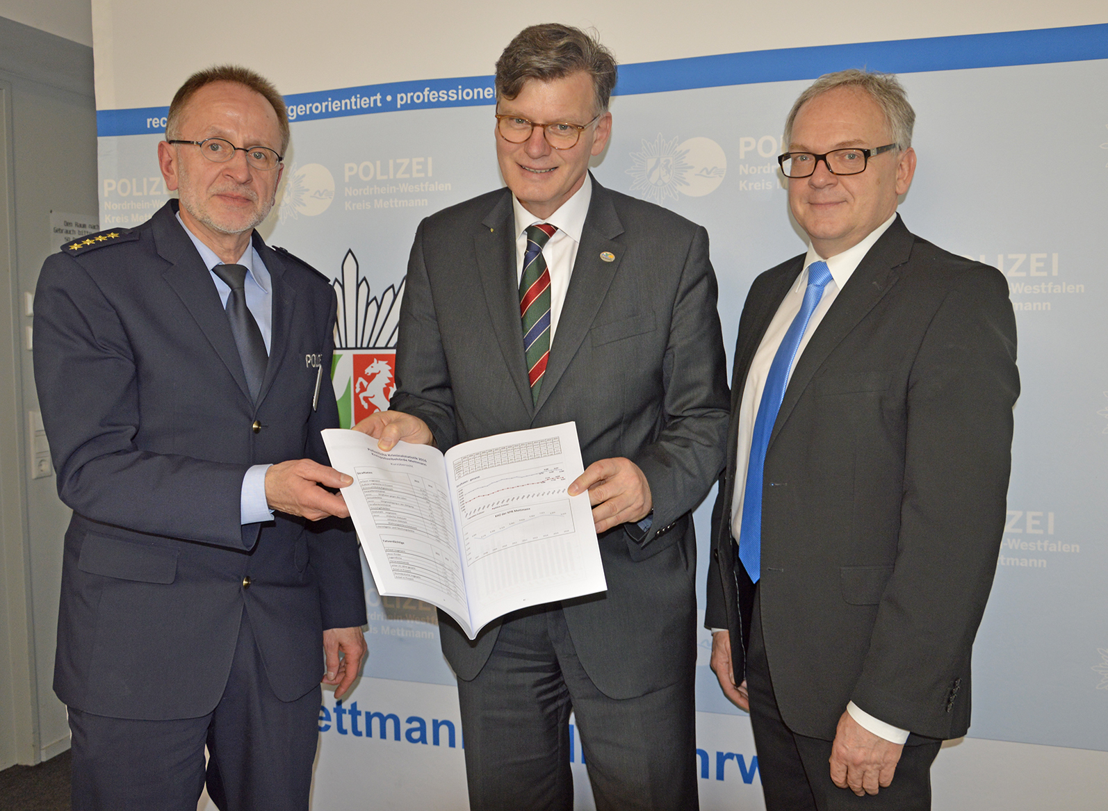Kreisdirektor Martin M. Richter (Mitte) und der Abteilungsleiter Polizei, Leitender Polizeidirektor Manfred Frorath (links), sowie der hiesige Leiter der Direktion Kriminalität, Kriminaldirektor Johannes Hermanns, stellten die Kriminalstatistik des Kreises Mettmann für das Jahr 2016 vor.