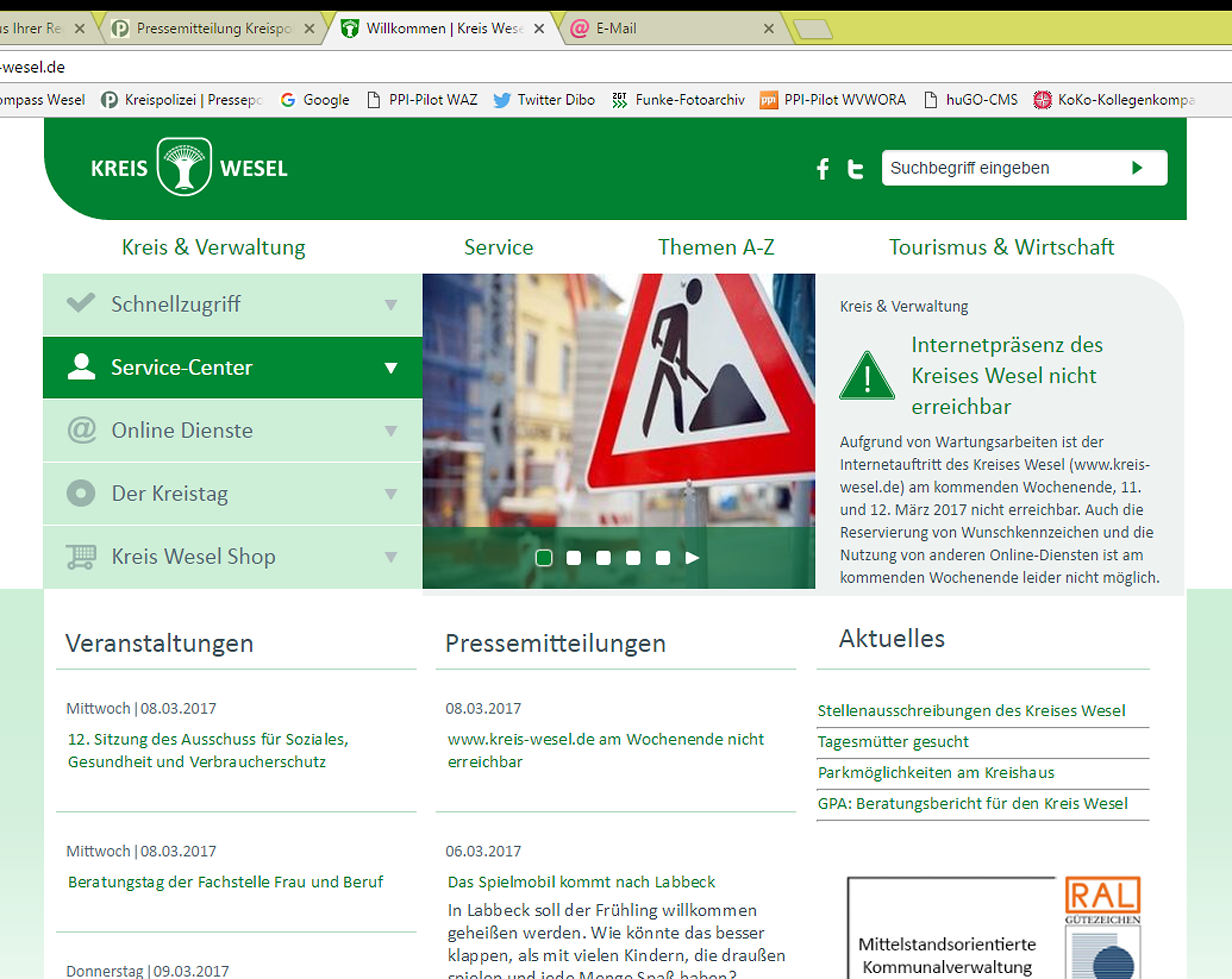 Screenshot von der Hompage des Kreises Wesel