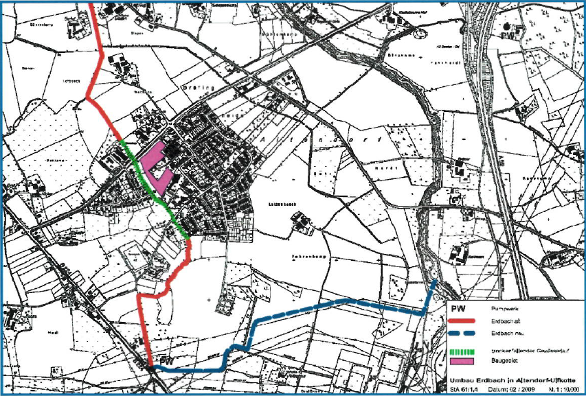 Die Grafik zeigt den alten Lauf des Erdbaches (rot), den Mittellauf (grün), der umgestaltet werden soll, sowie die neue Trasse (blau). (Grafik:Stadt Dorsten)