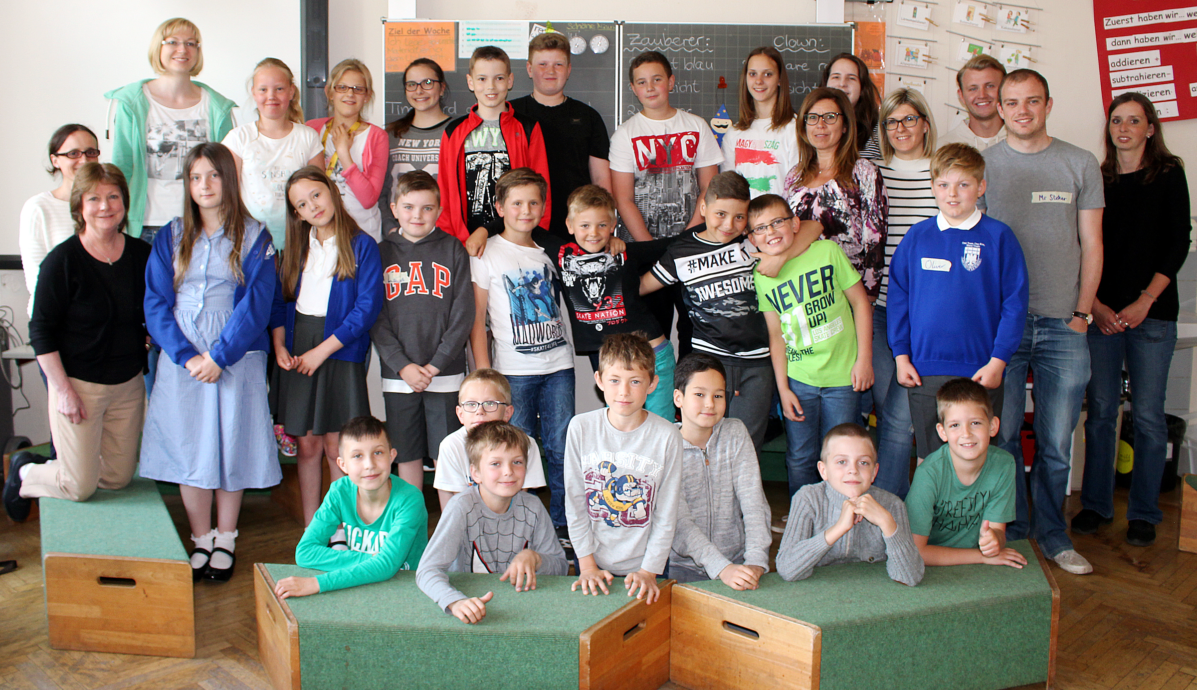 Sonnenschüler mit Lehrerin Sandra Busch (oben links) und Klassenleherin Jasmin Kötterheinrich (rechts) mit ihren Gästen aus den Partnerschulen Ajka und Lanchester
