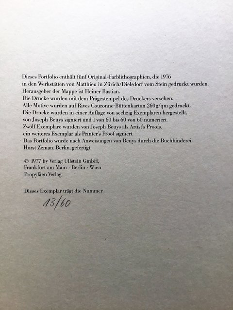 Innentext der Sammlermappe "Joseph Beuys" Fünf Lithographien aus dem Jahr 1976