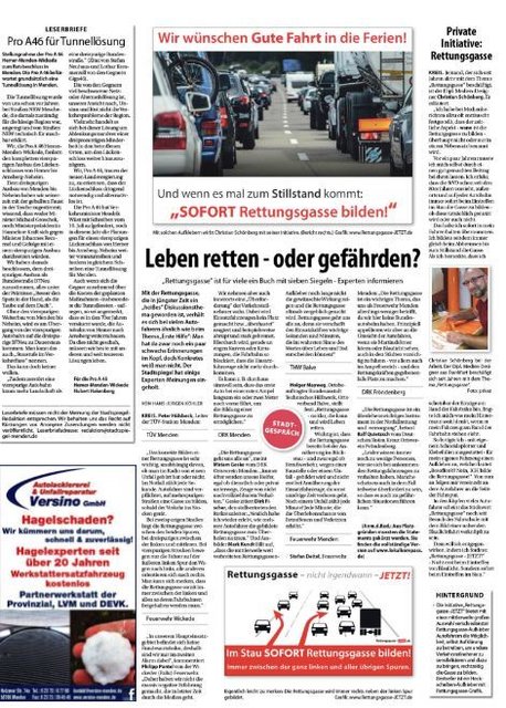 Die Printausgabe des Stadtspiegels widmet dem Thema "Rettungsgasse" am heutigen Mittwoch, 19. Juli, viel Platz.