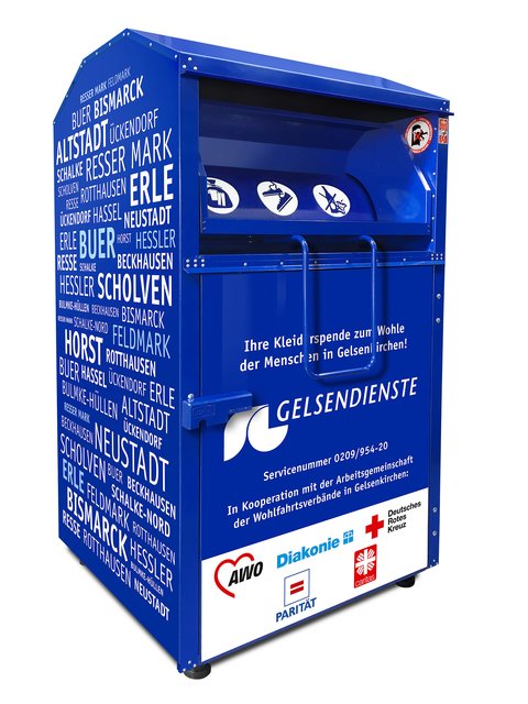 Bis Anfang 2018 werden in Gelsenkirchen insgesamt 240 der blau lackierten Altkleidercontainer aufgestellt.