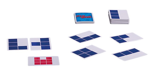 Großer Spaß mit wenig Material: Mehr als 24 Aufgabenkarten und 60 teiltransparente Pixkarten braucht man für das Spiel nicht.