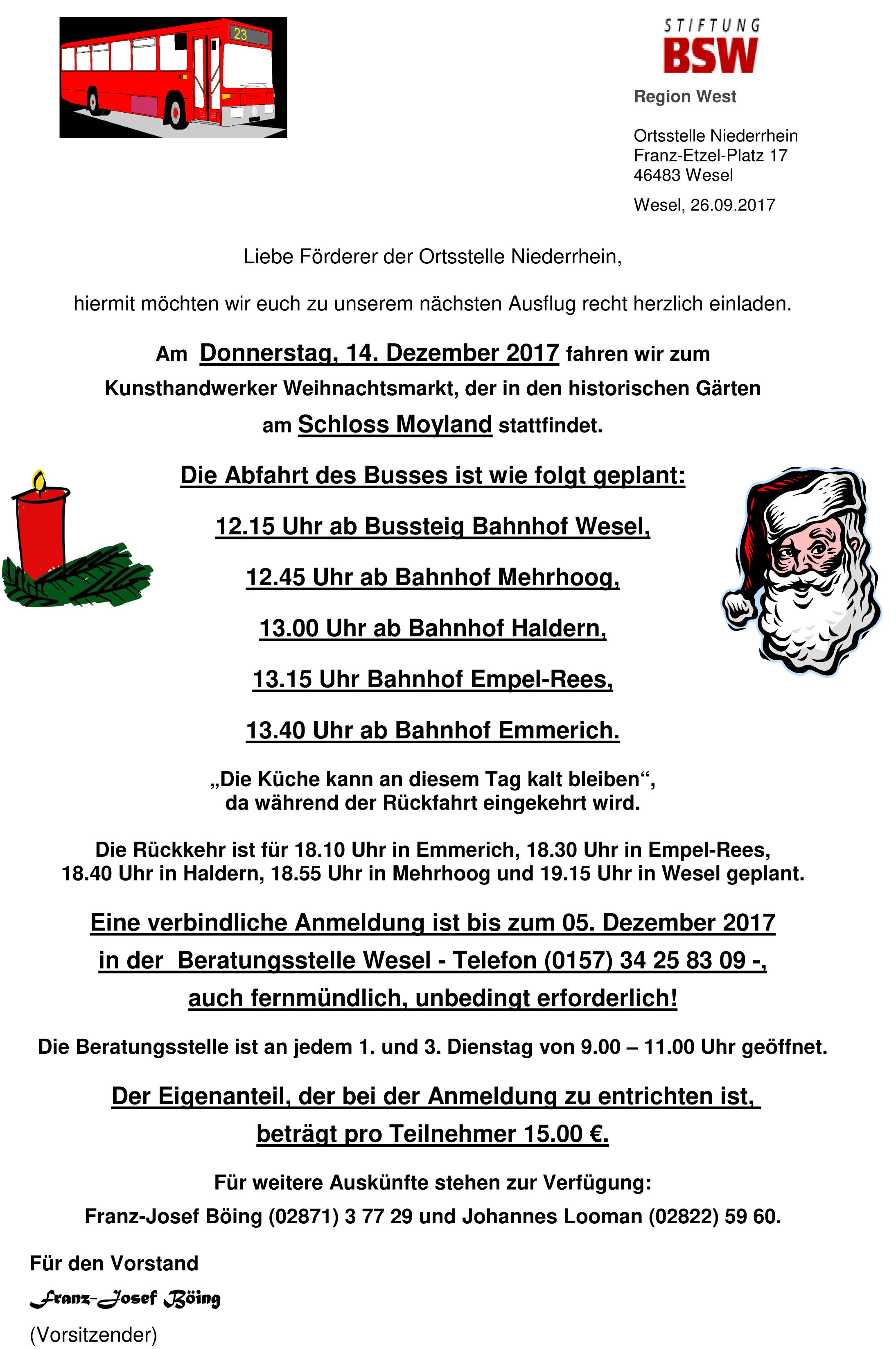 Diese Einladung der Stiftung BSW richtet sich an alle Interessierten, die gerne den diesjährigen Weihnachtsmarkt am Schloss Moyland besuchen möchten.
