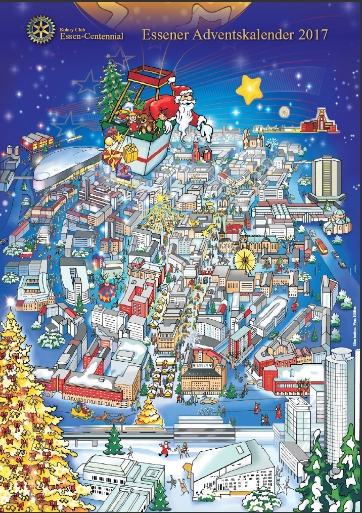 Das Kalendermotiv ist eine Illustration der weihnachtlichen Innenstadt, zur Verfügung gestellt von der Künstlerin Vera Hölter.
(Foto: Rotary Club Essen-Centennial)