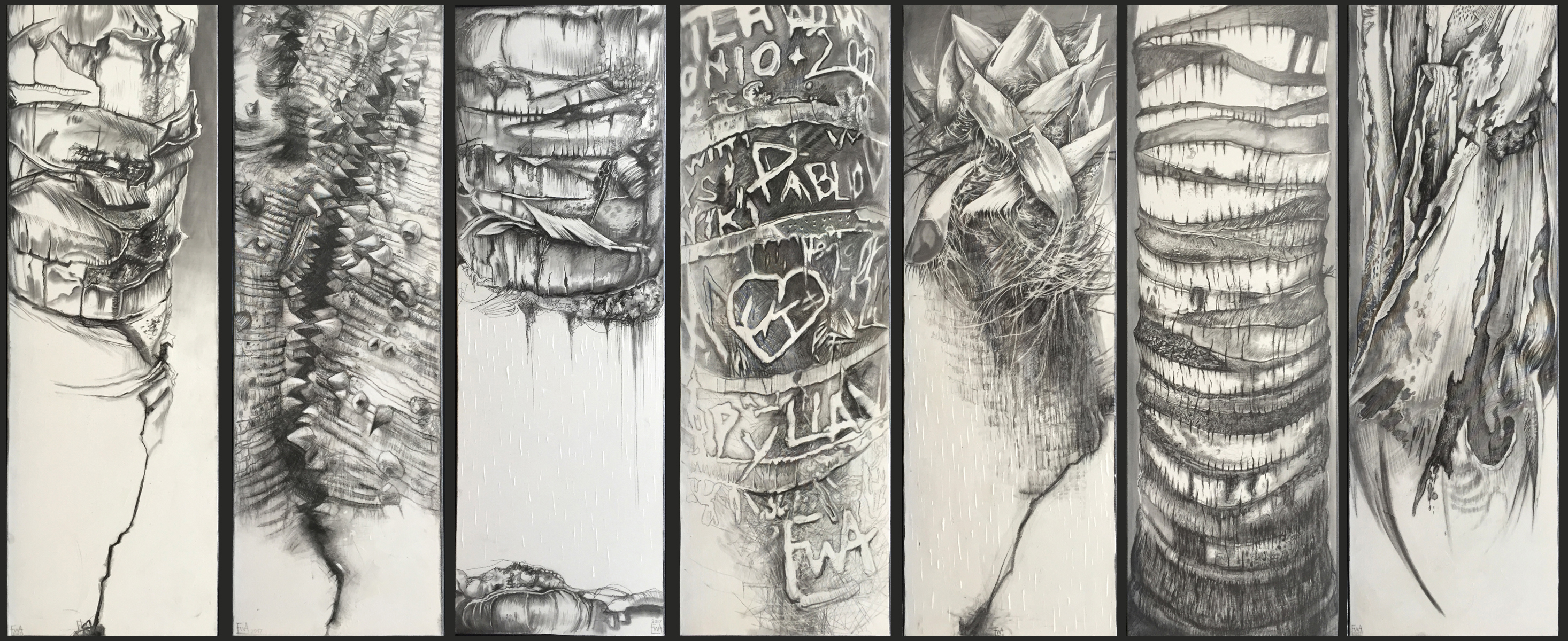 1.) ERWARTUNG, 120 x 40 cm, Silber-/Bleistift auf Leinwand, Ewa Kwasniewska, 2017
2.) STRESS 3.) BESINNUNG 4.) ERINNERUNG 5.) SPANNUNG 6.) KONTEMPLATION 7.) AKTIVITÄT