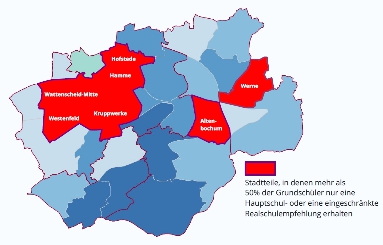 Stadtteile, in denen mehr als 50% der Grundschüler nur eine Hauptschul- oder eine eingeschränkte Realschulempfehlung erhalten