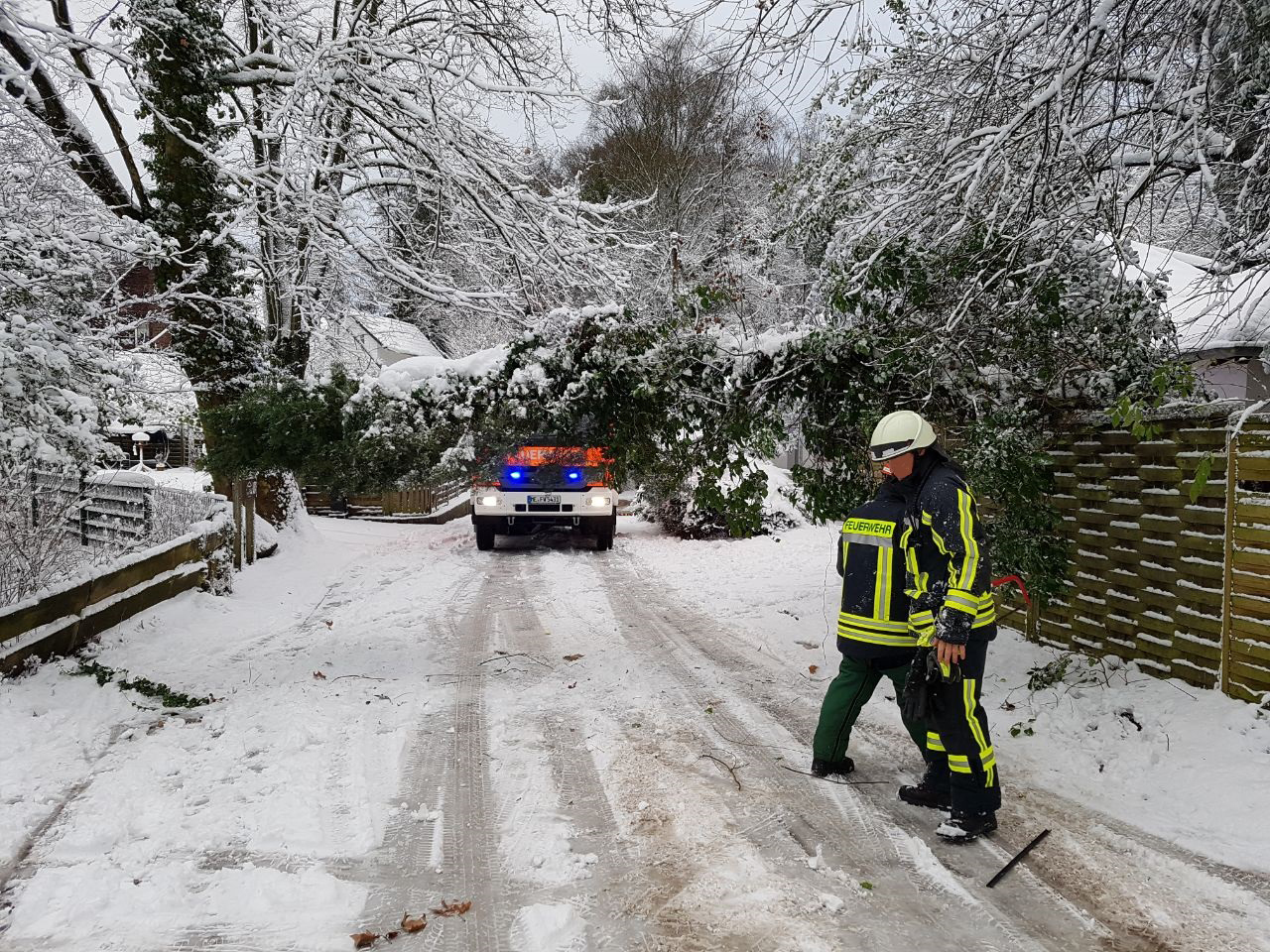 Einsatz für die Langenfelder Feuerwehr in der Krüdersheide: Ein umgestürzter Baum blockierte die Durchfahrt. Foto: Langenfelder Feuerwehr