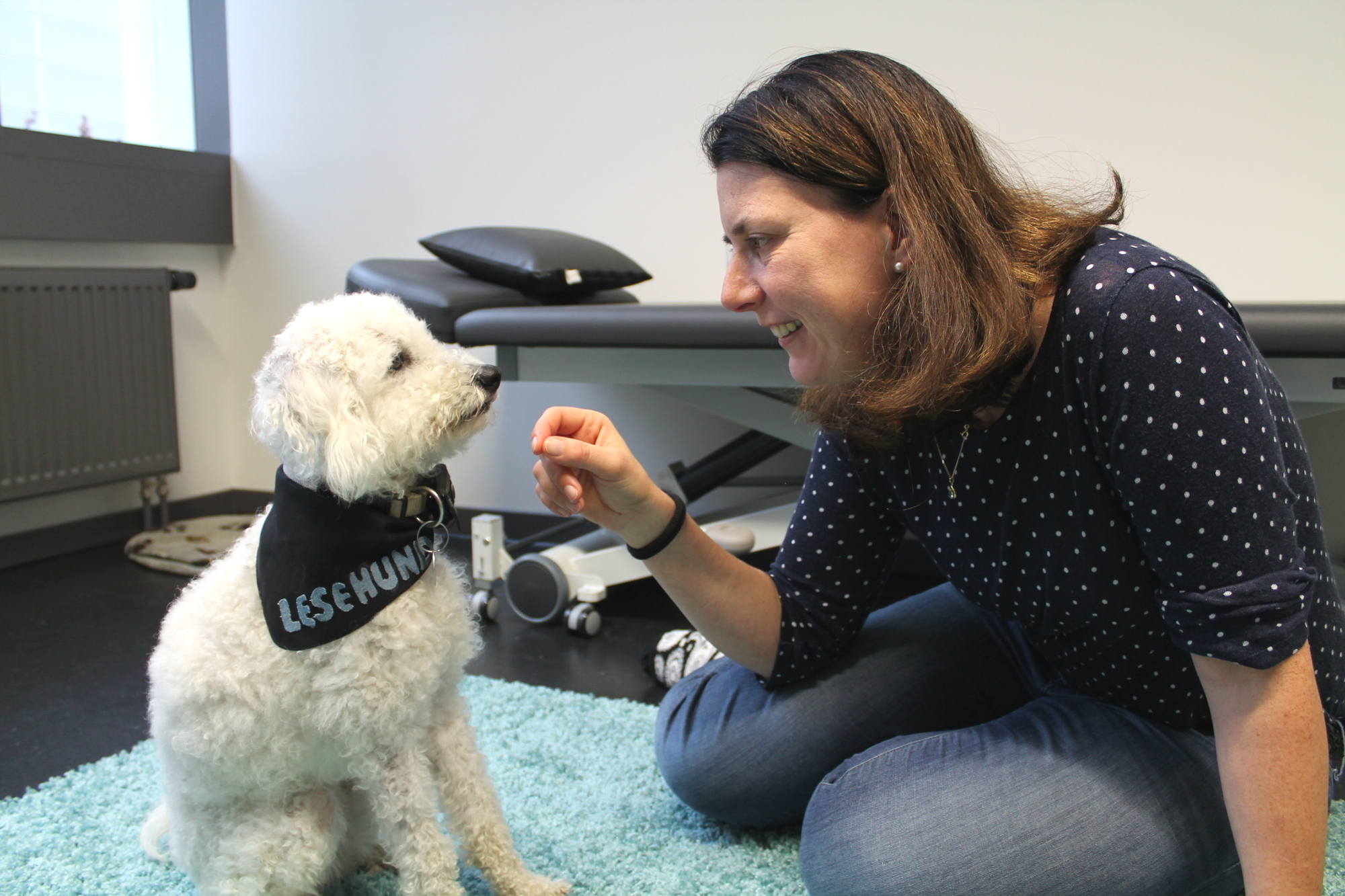 Um das Wohlergehen des Pudel-Mischlings Pipa während der Therapiesitzung kümmerte sich Dr. Sylvia Costard, Professorin für Logopädie an der hsg. Foto: hsg