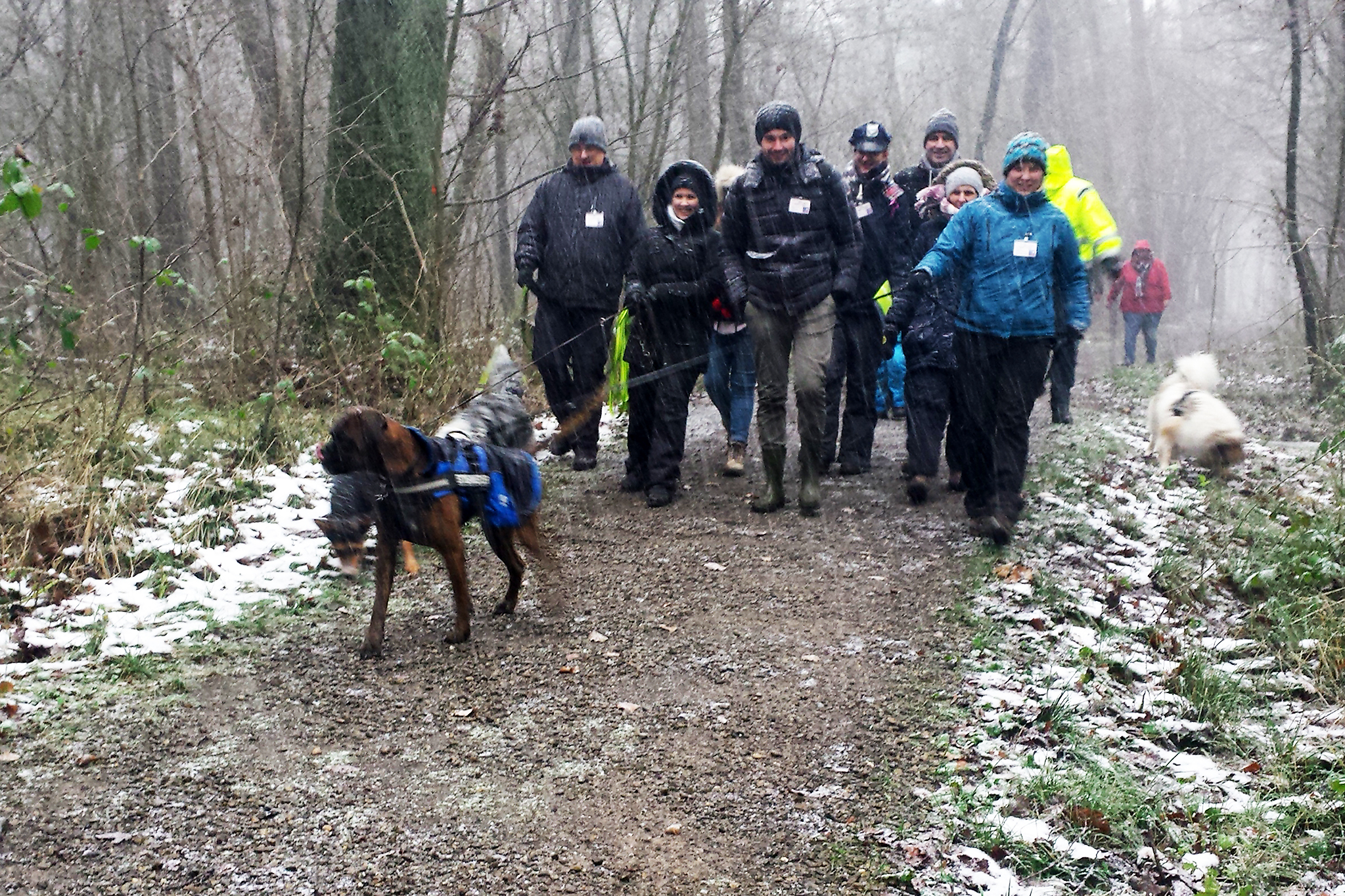 Hochmotivierte "Kommissare" und ihre Spürnasen: Die "SOKO Wuff" ging den Spuren im Barloer Busch nach. Fotos: Borgwardt